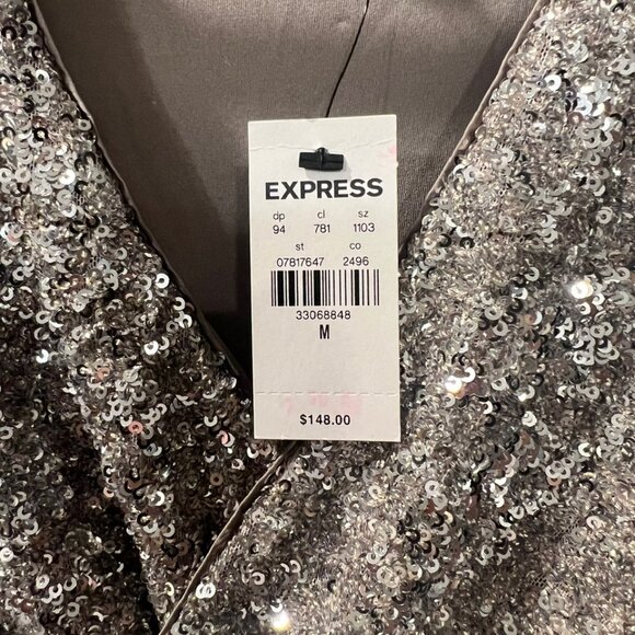 Express Sequin Draped V-Neck Cap Sleeve Mini Sheath Dress in Silver, Size Medium - Picture 9 of 9